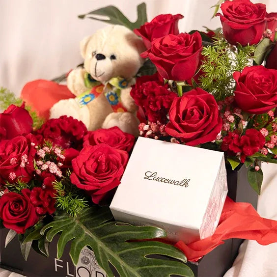 flower box arrangement of red roses celosia red with xanadu closeup view 2