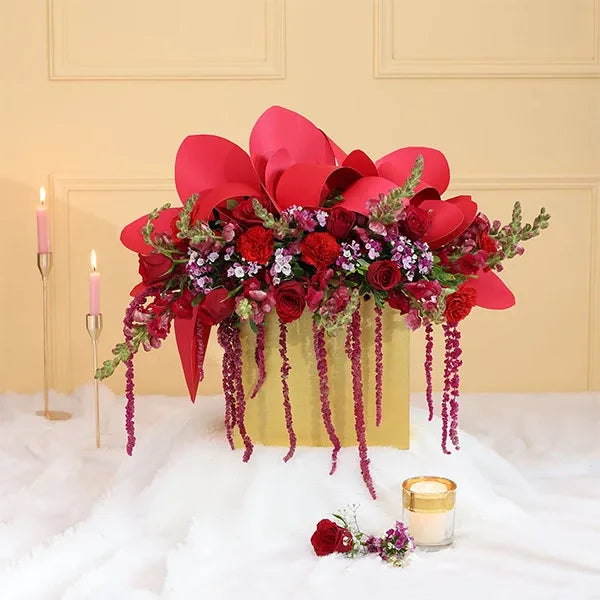 red snapdragon in box arrangement front view 2