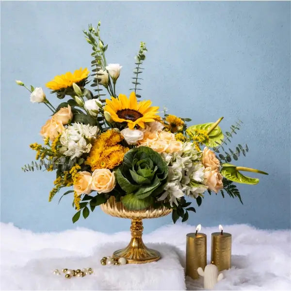 vase arrangement of peach rose sunflower orange chrysanthemum front view