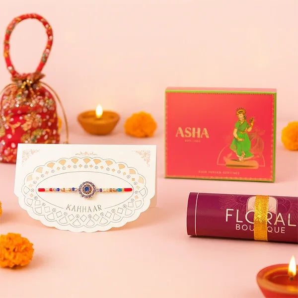 vibrant medallion rakhi with asha khoya and kaju sweet mix 250g