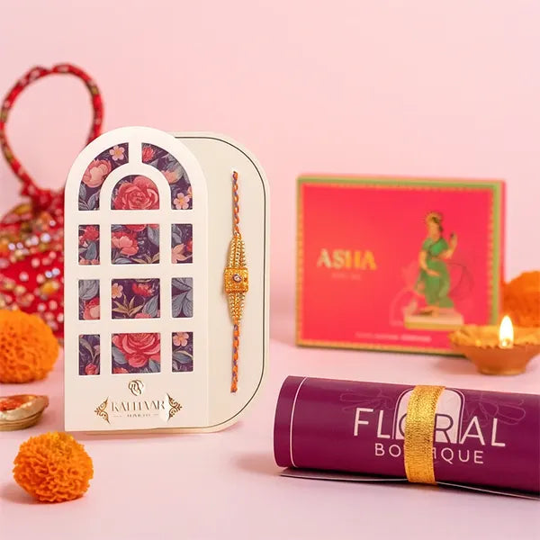 vibrant pearl square rakhi with asha khoya and kaju sweets 250g front view