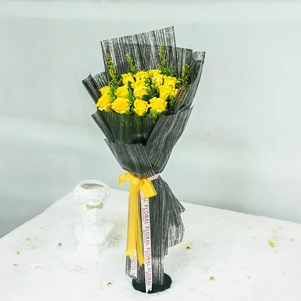 yellow rose bouquet with black wrap front view 3