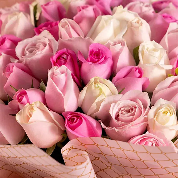 100 pink roses bouquet of white revival sweet avalanche roses close up view