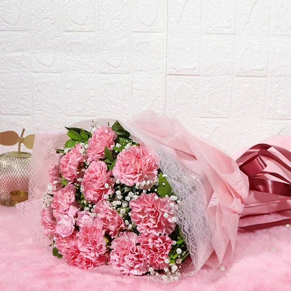 15 pink carnations bouquet with gypsophila close up view 2