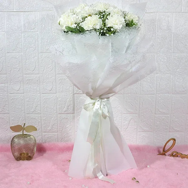 15 white carnations bouquet with gypsophila front view