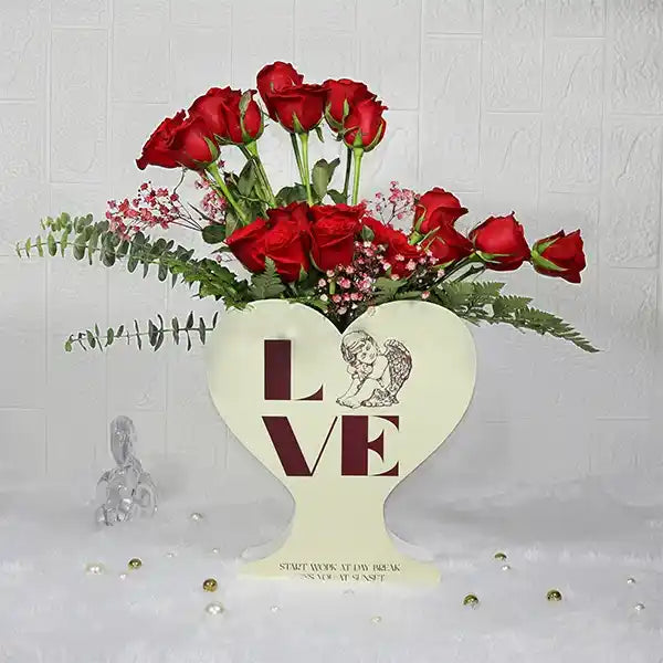 20 red roses in a heart shape love box front view