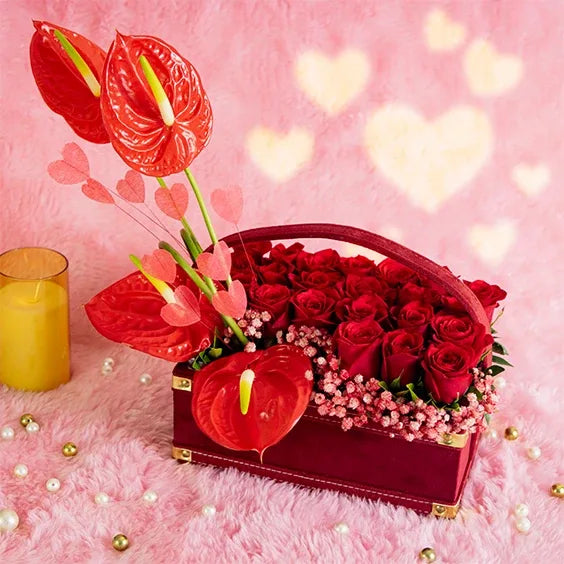 22 red roses with 4 anthurium in maroon square box front view 2