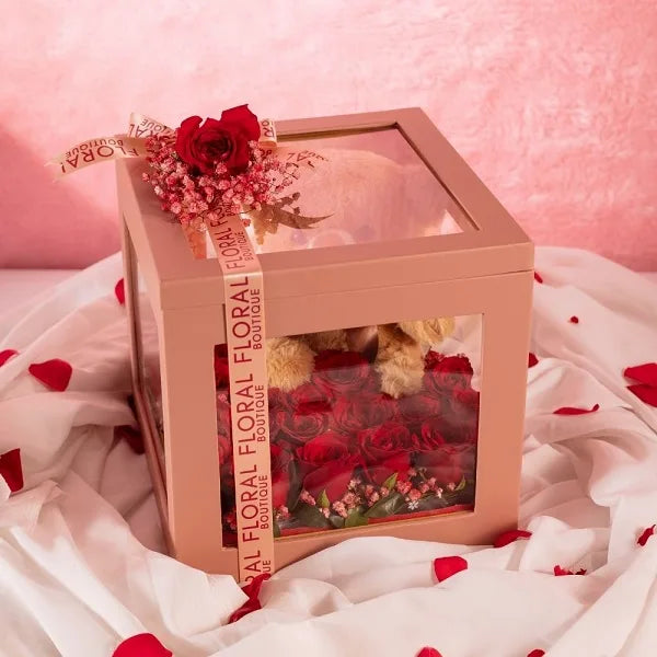 25 red roses teddy bear in a box top view 2