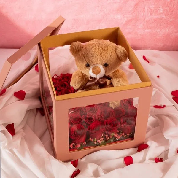 25 red roses teddy bear in a box top view
