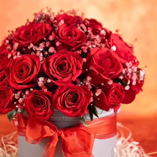 30 red roses and gypsophila in a gray leather box close up view 2
