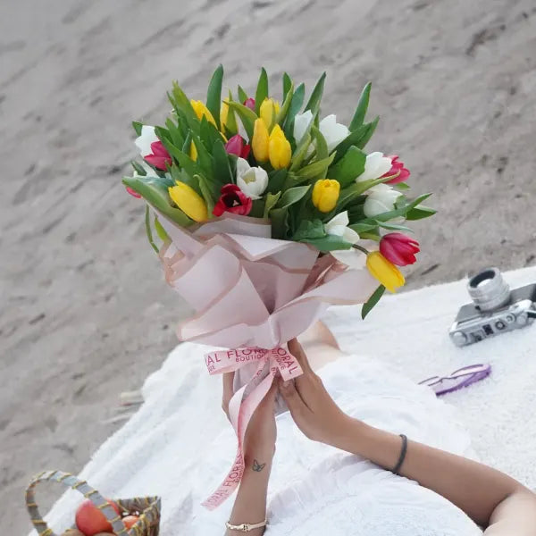 30 tulip bouquet in yellow red and white front view