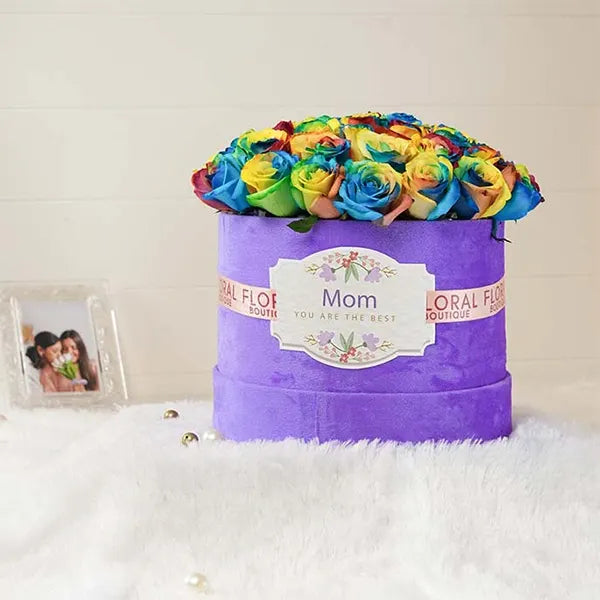 rainbow roses in purple box arrangement front view 3