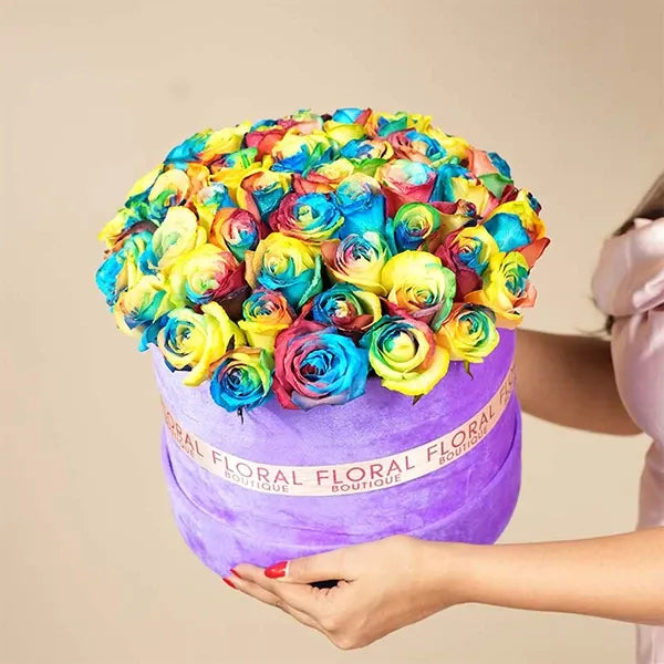 rainbow roses in purple box arrangement front view