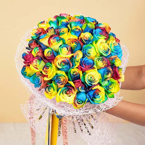 50 rainbow rose bouquet close up view