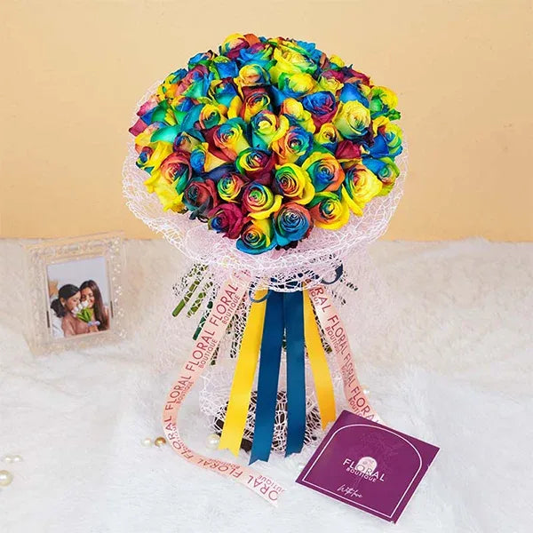 50 rainbow rose bouquet front view