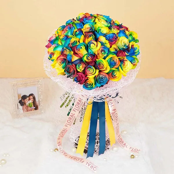 50 rainbow rose bouquet front view 2