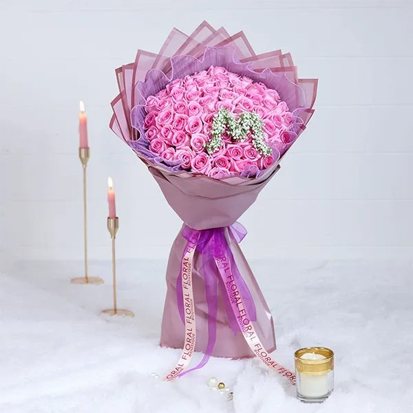 60 pink rose bouquet with purple mesh front view 2