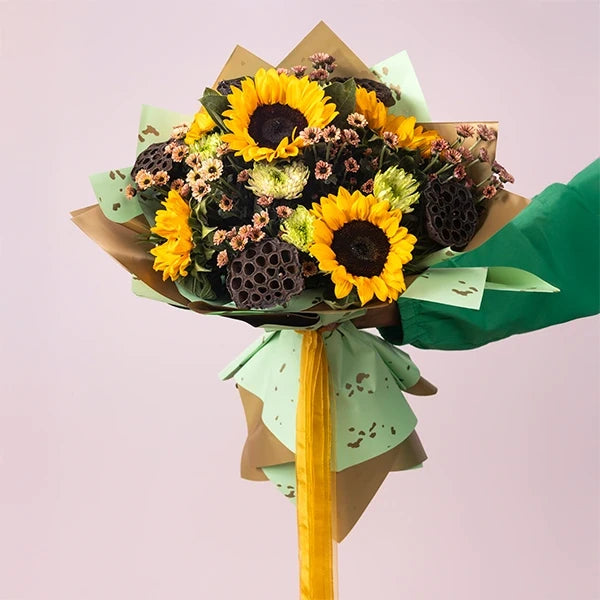 Artisan Sunflower Bouquet with Disbuds & Dry Lotus