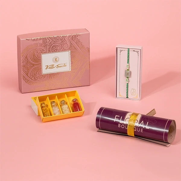 american diamond ad rakhi with kanti kaju katli roli chawal front view