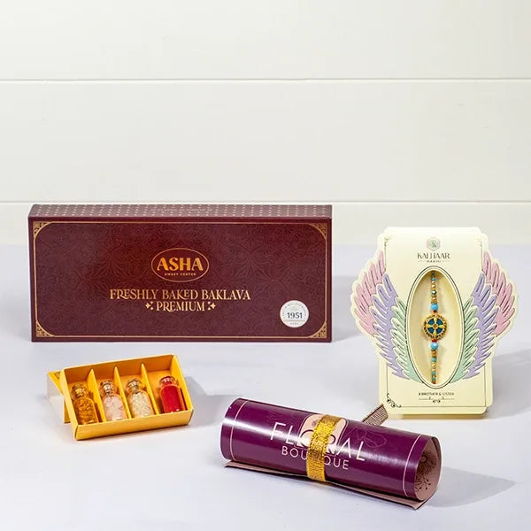 aqua divine rakhi with asha baklava & roli chawal front view