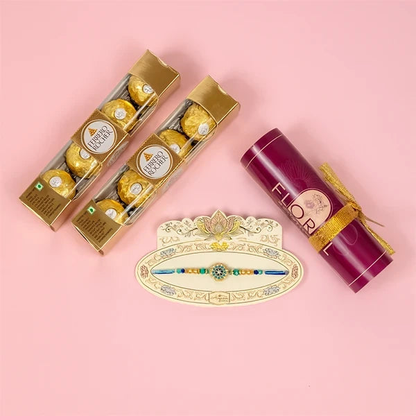 aqua jewel rakhi with ferrero rocher 8 pcs front view
