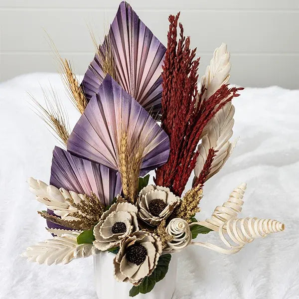 dry flower bouquet of china palm white flower sticks wheat grass close up view 2