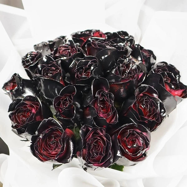 20 black rose bouquet wrapped in black and white paper front view