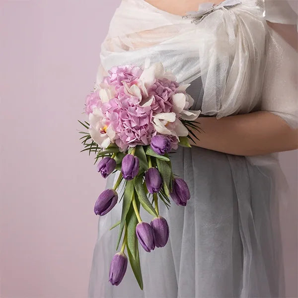 bridal bouquet of tulip hydrangea cymbidium front view 2
