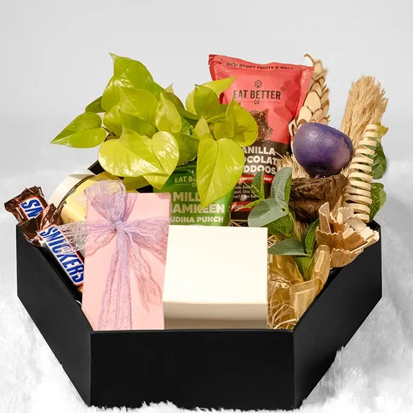 elegant hamper featuring gourmet snacks rich chocolates and a stylish pot top view