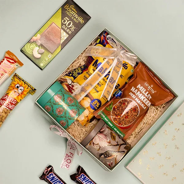 chocolate and snack hamper in a gift basket top view 2