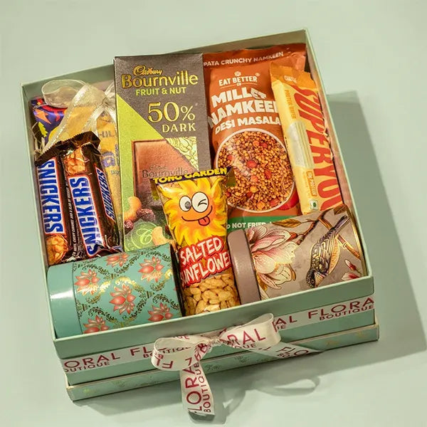 chocolate and snack hamper in a gift basket top view