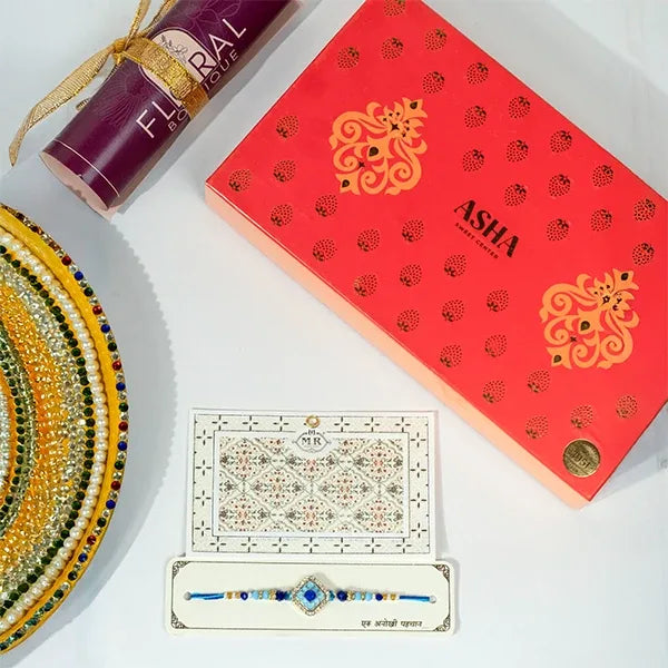 distinctive azure rakhi with asha sweets 500g front view