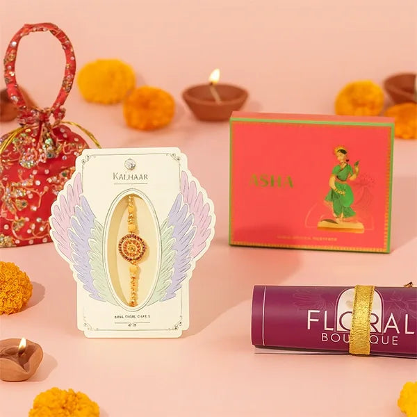 divine chakra rakhi with asha khoya and kaju sweet mix 250g front view