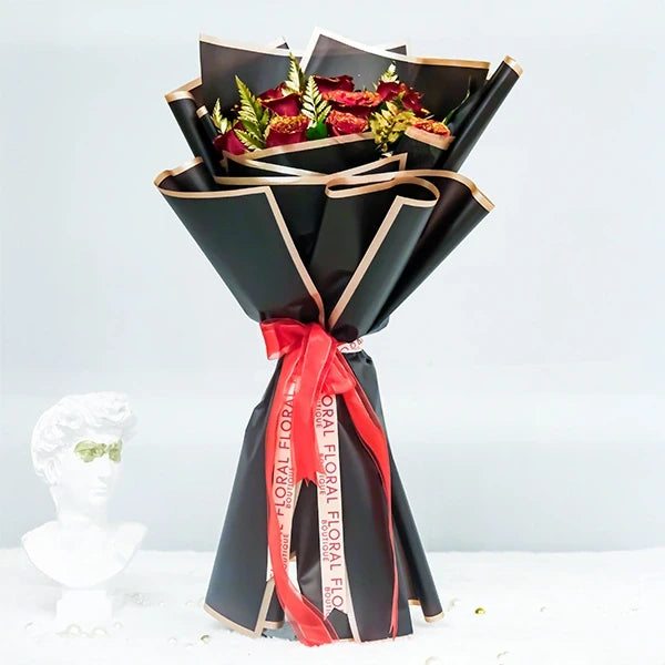 elegant red rose bouquet with golden touch front view 2