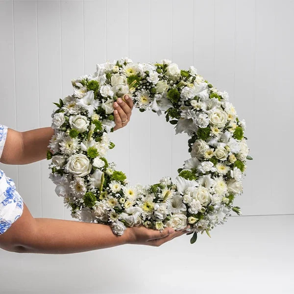elegant white sympathy wreath fornt view 2