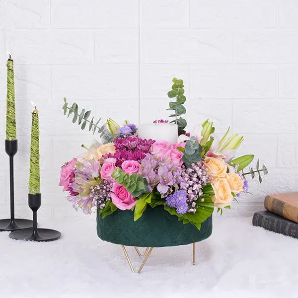 flower box arrangement of pink revival peach roses with pink chrysanthemums front view
