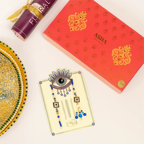 evil eye rakhi lumba set with asha sweets 500g front view