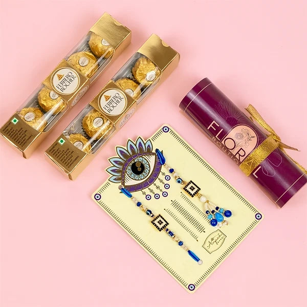 evil eye rakhi lumba set with ferrero rocher 8 pcs top view