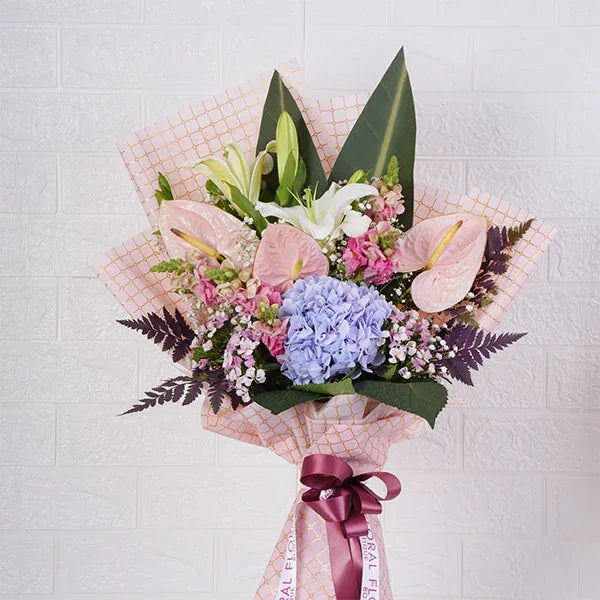 white oriental lily stems hydrangea anthurium bouquet front view 2