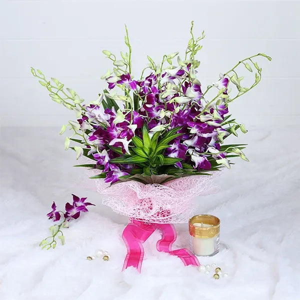 orchid bouquet with pink mash paper front view