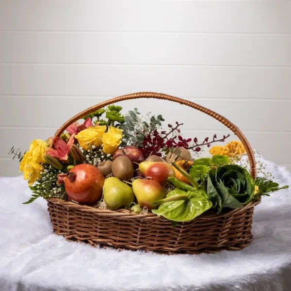 flower and mix fruits basket front view 2