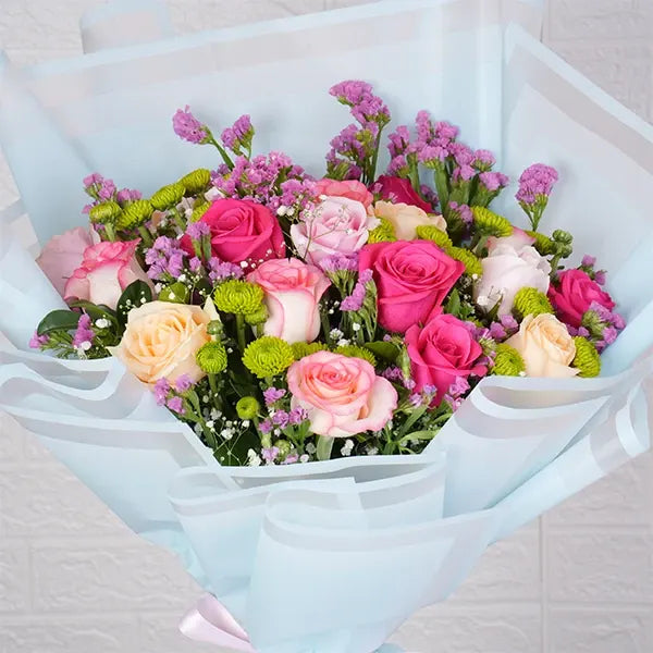bouquet with mums statice roses william close up view