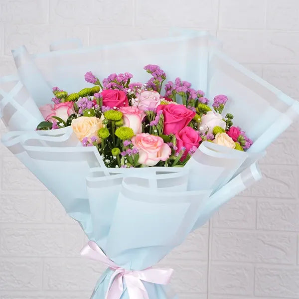 bouquet with mums statice roses william close up view 2