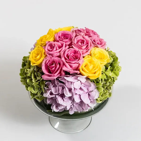 garden bliss floral arrangement in potpourri vase closeup view