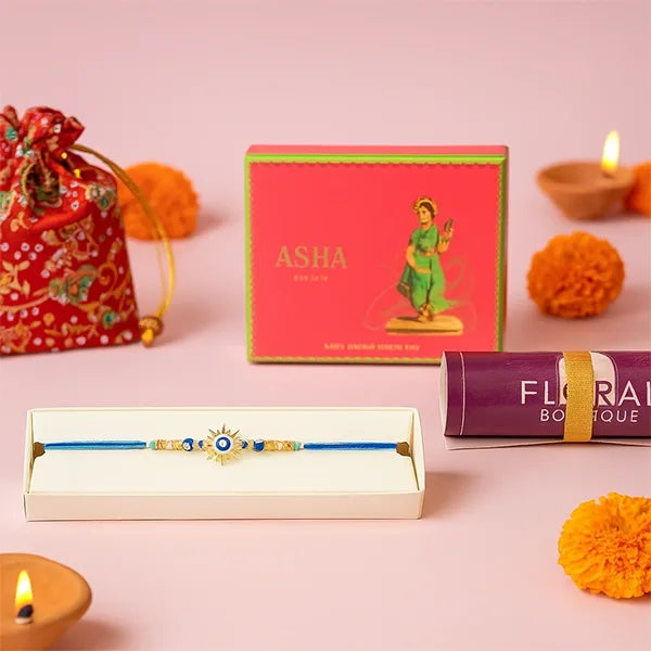 golden evil eye sun rakhi and asha sweet mix combo front view