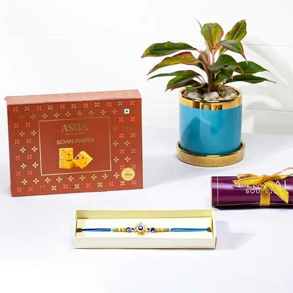 golden evil eye sun rakhi hamper with soan papdi aglaonema in blue ceramic pot front view