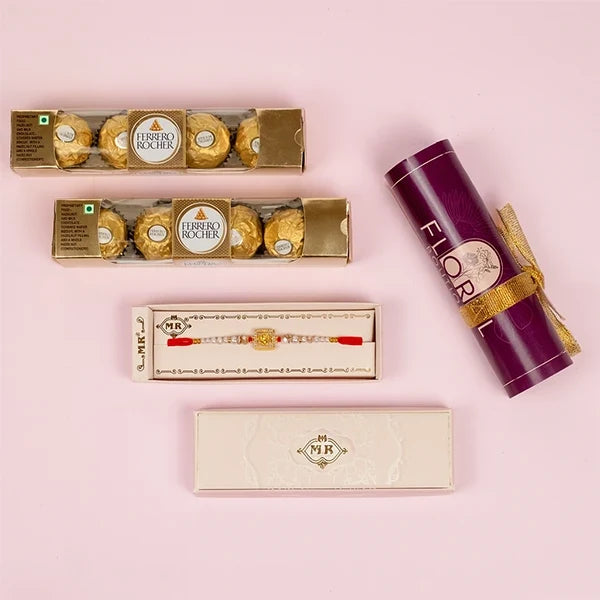 golden monogram ganpati rakhi with ferrero rocher 8 pcs top view