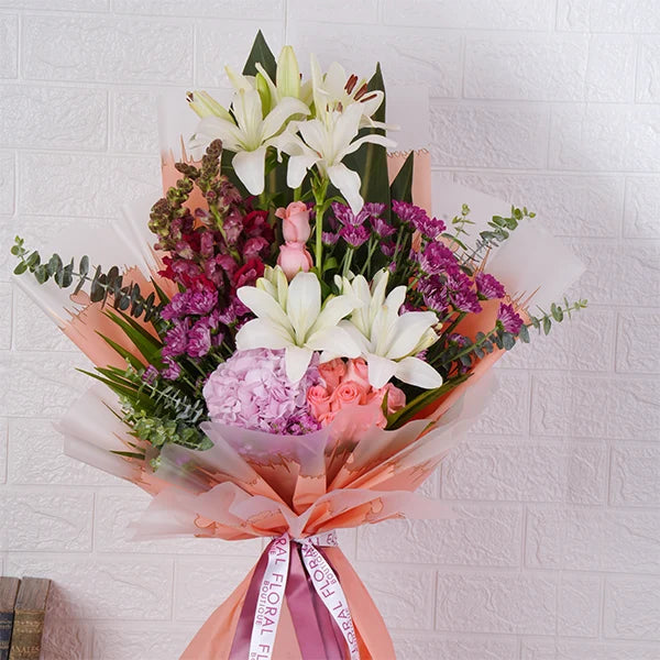 flower bouquet of lilies chrysanthemums hydrangeas and roses front view 2