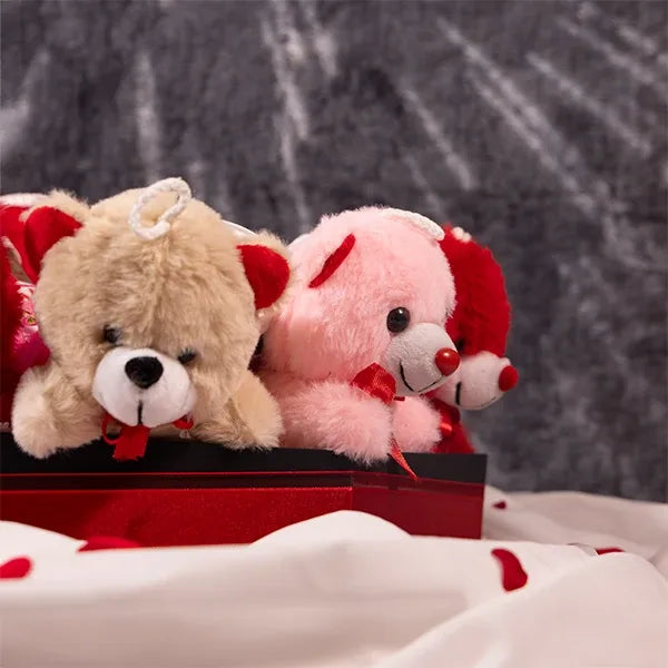 6 teddy bear with 7 nutella jars in a hexagon box side view