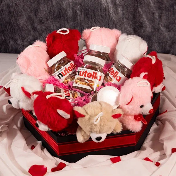 6 teddy bear with 7 nutella jars in a hexagon box top view